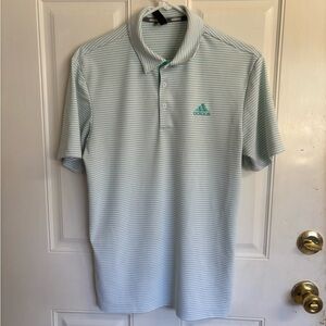 Small Adidas Sky Tint 2-Color Club Merch Stripe Short Sleeve Polo Shirt.